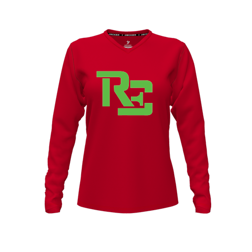 [CUS-DFW-TEES-CMF-VNK-LSL-RED-FYXS-LOGO1] Comfort T-Shirt (Female Youth XS, Red, V Neck, Logo 1, Long Sleeve)