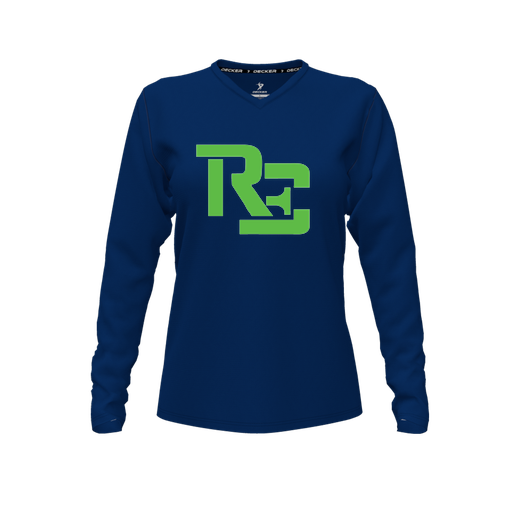 [CUS-DFW-TEES-PER-VNK-LSL-NVY-FYXS-LOGO1] Performance T-Shirt (Female Youth XS, Navy, V Neck, Logo 1, Long Sleeve)